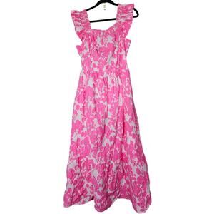 English Factory L Pink Floral Open Back Maxi Dress Cotton Preppy Coastal Tie